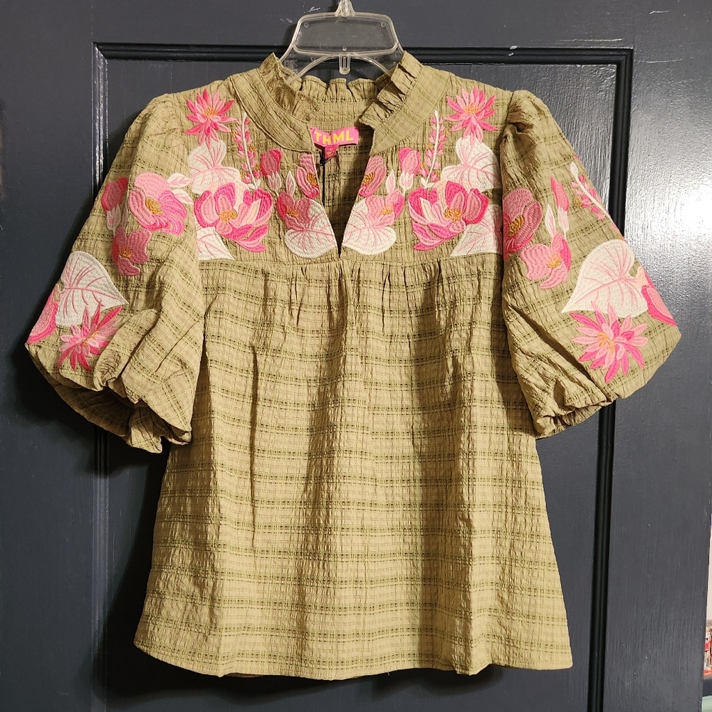 NEW THML Puff Sleeve Embroidered Plaid Top Olive Green M